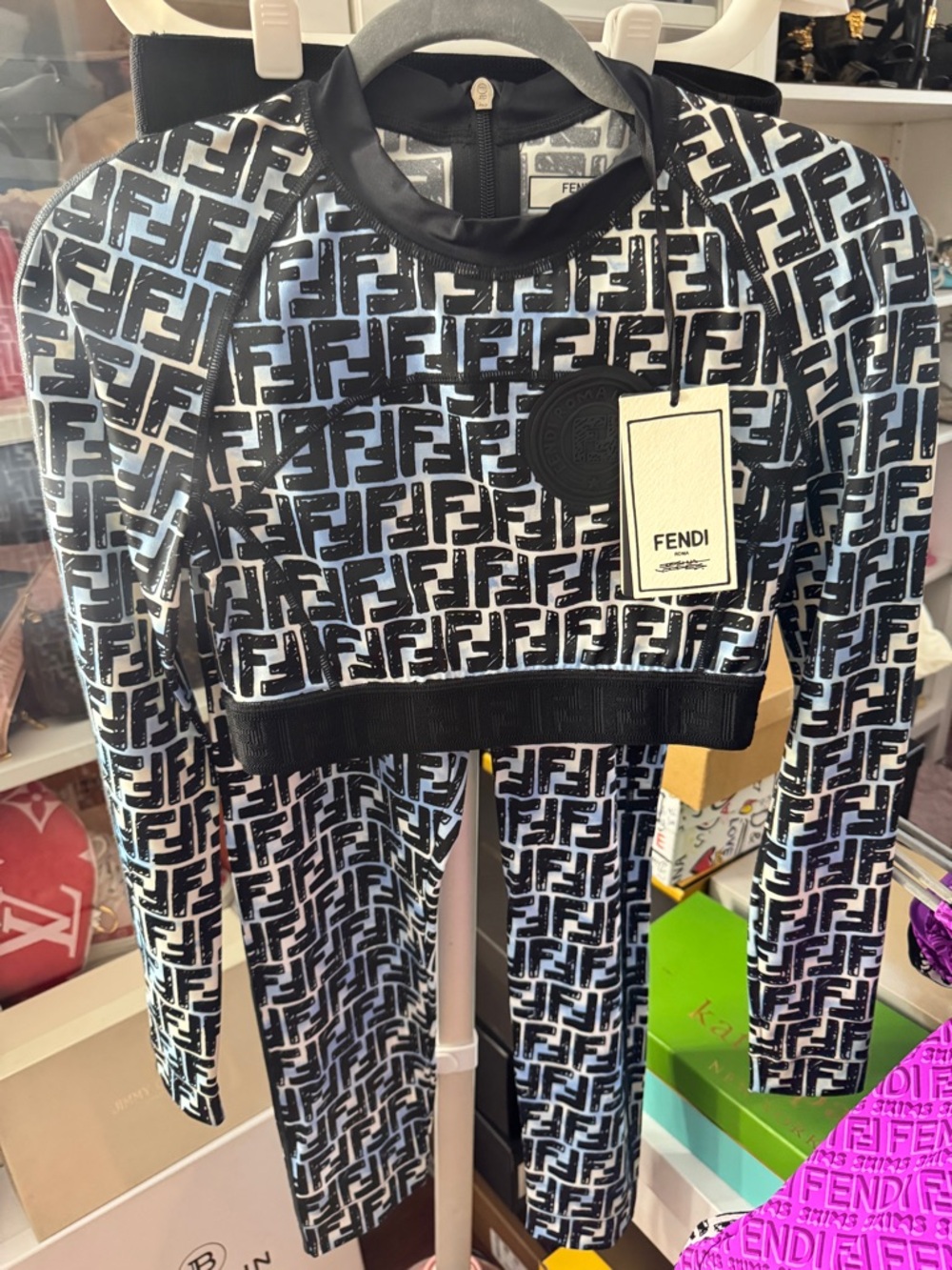 Fendi Black & White All-Over FF Logo Leggings Set